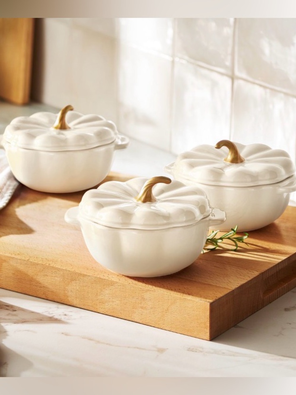 Set 3 The Pioneer Woman Stoneware 2C Pumpkin Cocotte Mini Dutch Oven Linen New